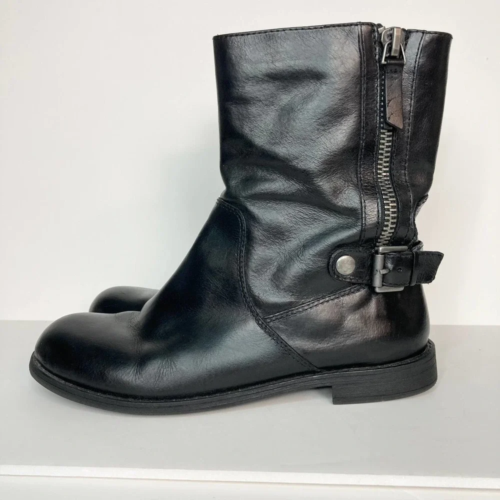 Nine West Black Leather Moto Style Biker Boots Women's Size 8M Buckle Zipper - Picture 9 of 16